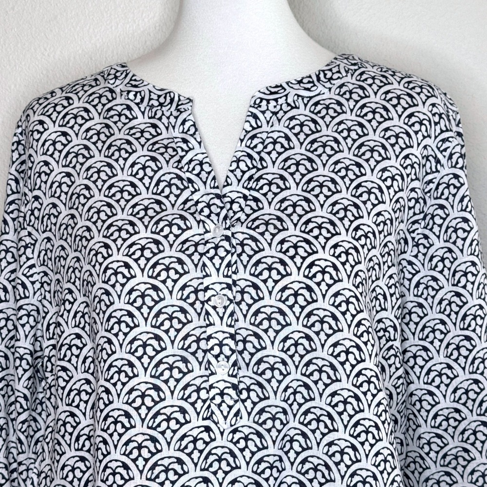 TALBOTS NEW 100% Linen Tunic Top XL Roll Tab Long Sleeve Navy White Tab Front - Picture 2 of 9